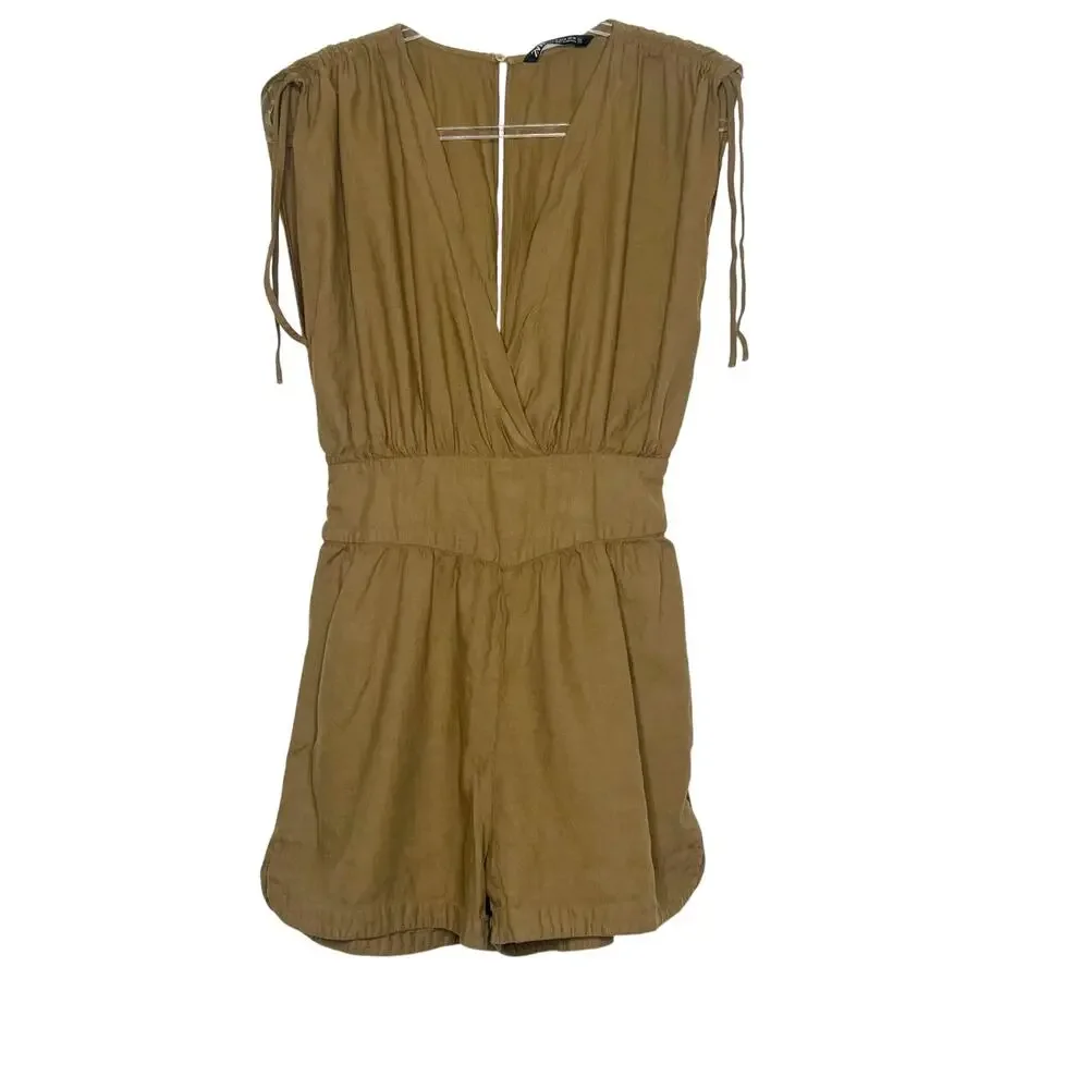 ZARA Linen Blend Romper V-Neck Sleeveless Ruched Shoulder Khaki Womens Size M